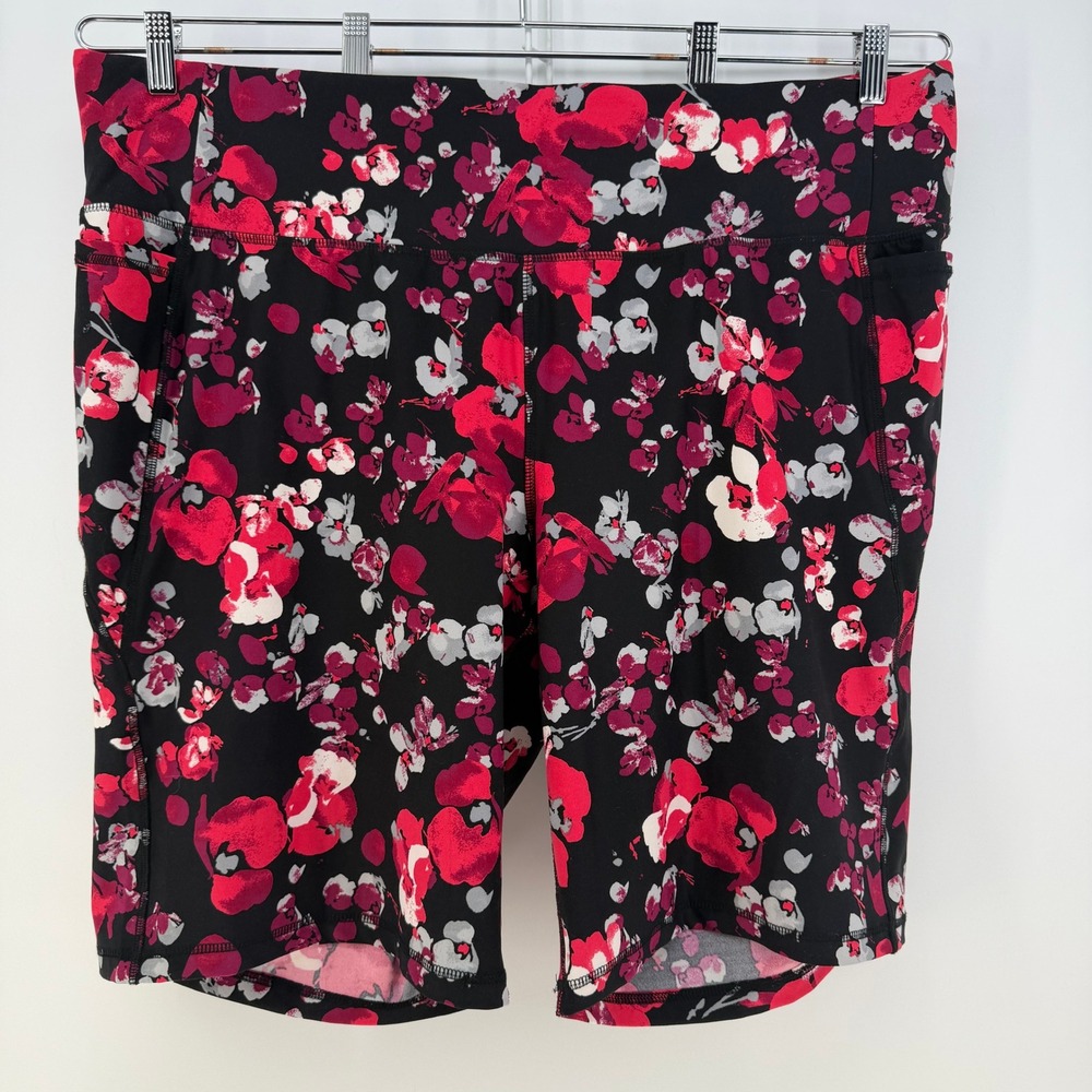 LIVI Active Biker Shorts Womens 26/28 Black Pink Floral High Rise Pockets Gym
